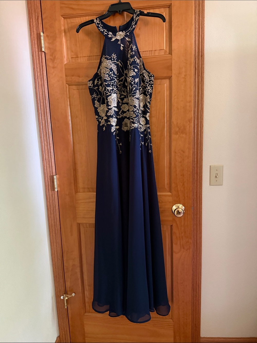 Navy Halter Evening Dress with Gold Floral Embroidery